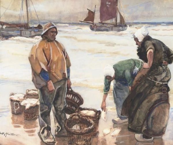 Fisher Folk With The Catch Of The Day, Katwijk Oil Painting by Willy Sluyters