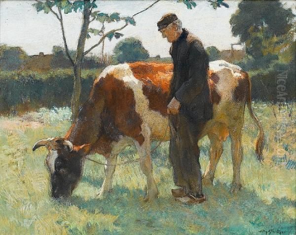 Old Man With Cow Oil Painting by Willy Sluyters