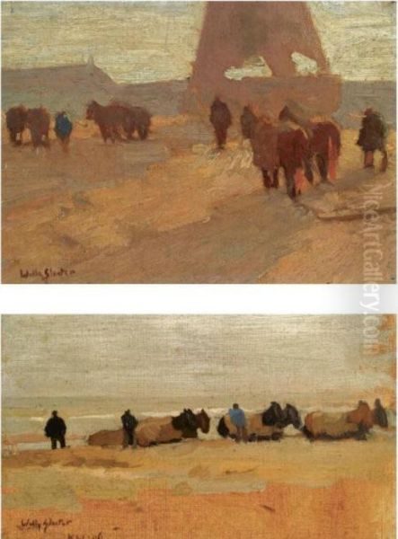 Figures And Horses On The Beach Of Katwijk; Returning Home (a Pair) Oil Painting by Willy Sluyters