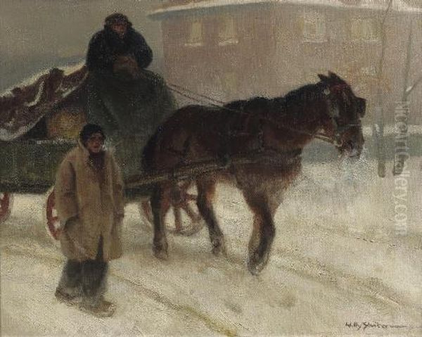 Horse And Carriage In The Snow Oil Painting by Willy Sluyters