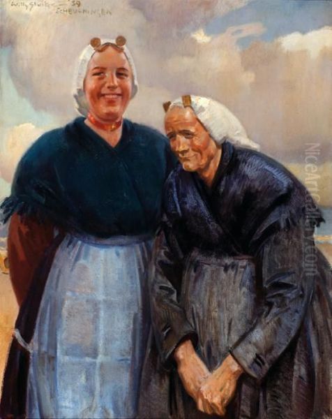 Two Women In The Regional Dress Of Scheveningen Oil Painting by Willy Sluyters