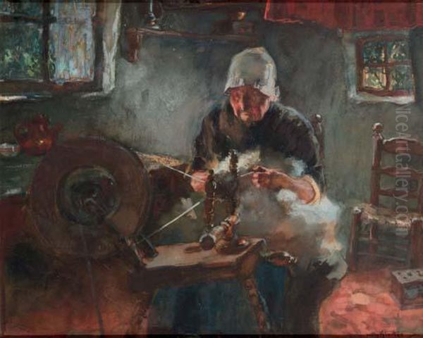 Spinning Wool Oil Painting by Willy Sluyters