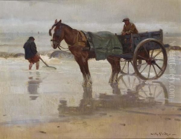 Shellfisher On The Beach Oil Painting by Willy Sluyters