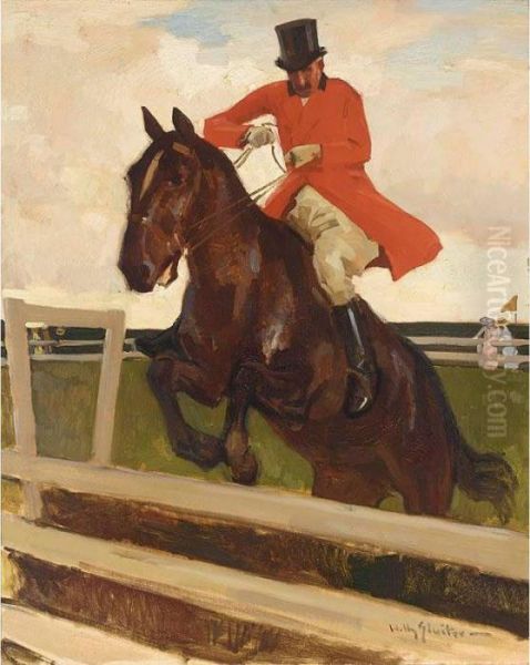 A Jumping Jockey Oil Painting by Willy Sluyters