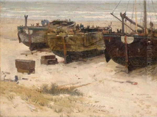 Bomschuiten On The Beach, Katwijk Oil Painting by Willy Sluyters