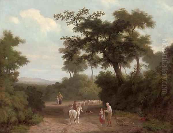 A wooded landscape with figures and a herdsman with a flock of sheep in a clearing, a castle beyond Oil Painting by English School