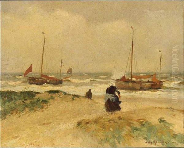 Bomschuiten On Katwijk Beach Oil Painting by Willy Sluyters