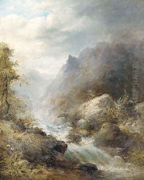 An artist sketching by a fast-flowing river Oil Painting by English School