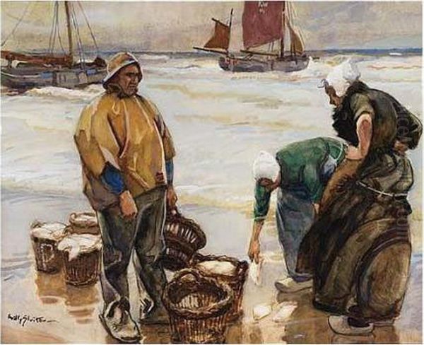 Sorting The Catch On Katwijk Beach Oil Painting by Willy Sluyters