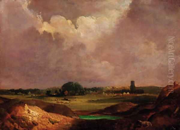 An extensive landscape with a village beyond Oil Painting by English School