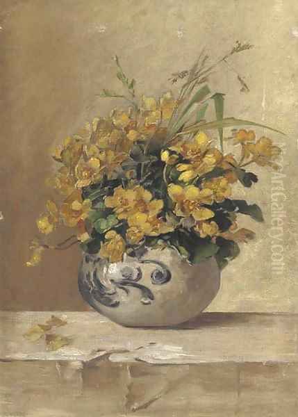 Buttercups and wild grass in a pot Oil Painting by English School