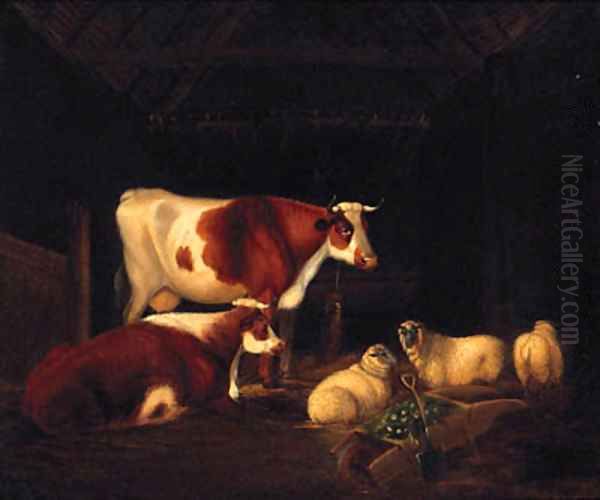 Cattle And Sheep Resting In A Barn Oil Painting by English School