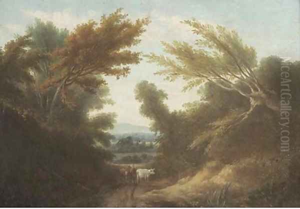 Cattle on a wooded track Oil Painting by English School