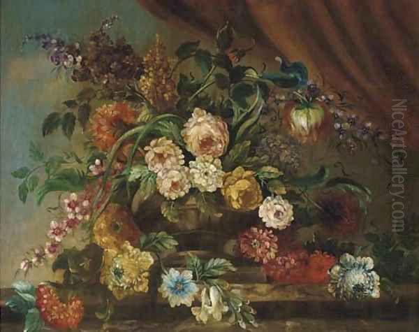 Chrysanthemums, peonies, lilac, a poppy and other assorted flowers in an urn on a ledge; and Another similar Oil Painting by English School