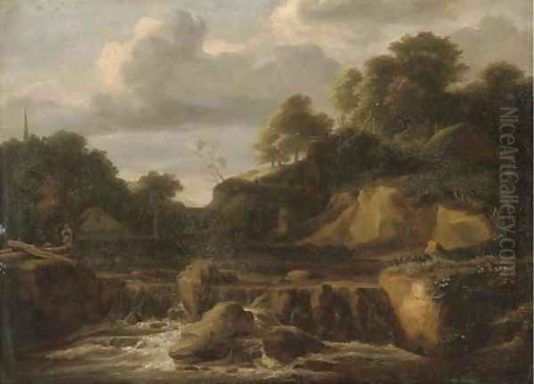 Cottages beside a rocky river Oil Painting by English School