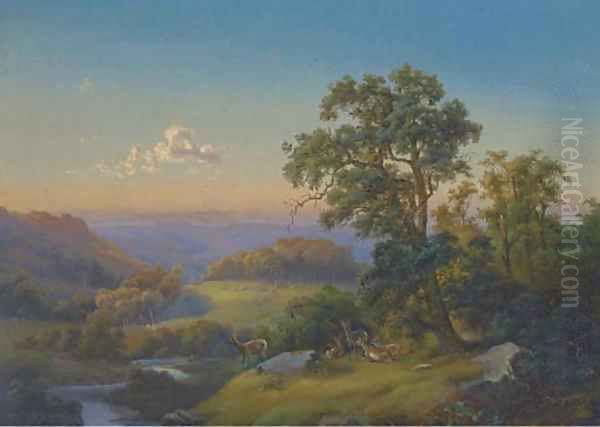 Deer in a wooded valley at dusk Oil Painting by English School