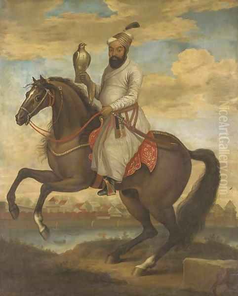 Equestrian portrait of an Indian nobleman Oil Painting by English School