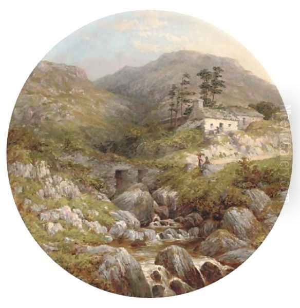 Figures and cottages beside a rocky upland stream Oil Painting by English School