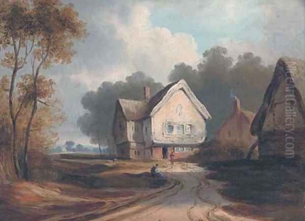 Figures before cottages, traditionally identified as Hampstead Heath Oil Painting by English School