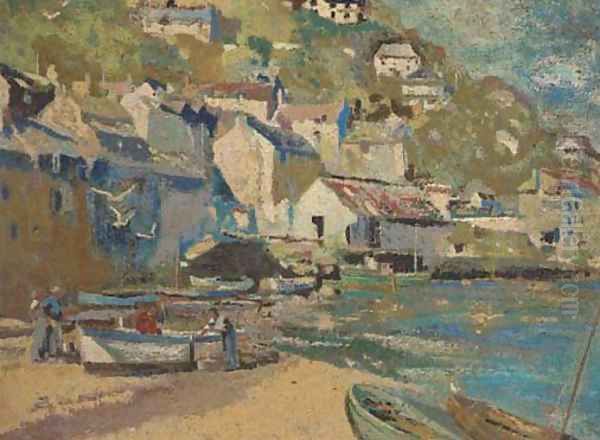 Fishermen by their boat on the shore at a Cornish village Oil Painting by English School