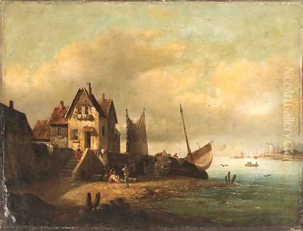 Fishermen resting by a Quay, Cliffs beyond Oil Painting by English School