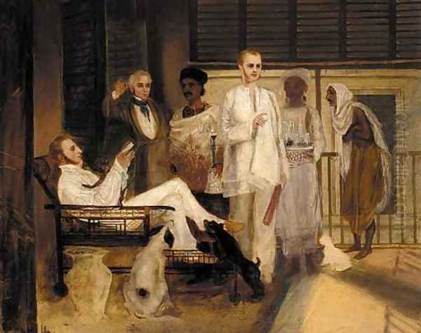 Gentlemen on a verandah with Indian servants Oil Painting by English School