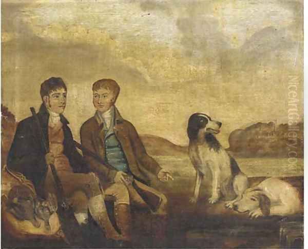 Huntsmen with their dogs resting by a river Oil Painting by English School