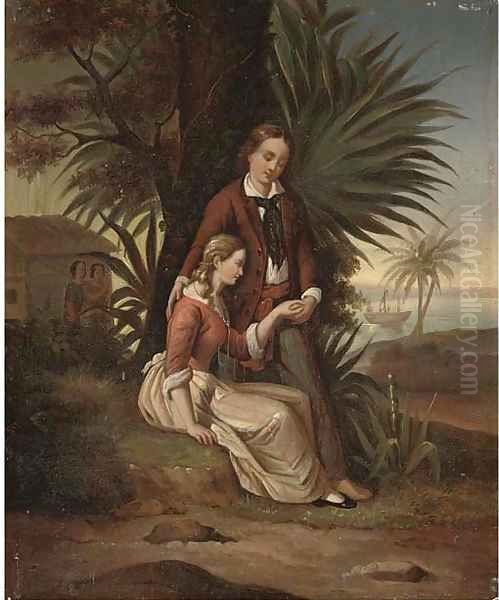 Lovers in a tropical bay Oil Painting by English School