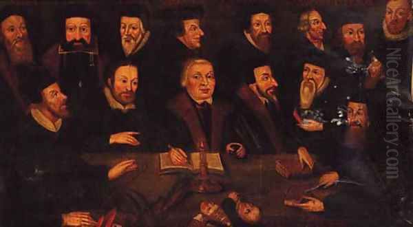 Martin Luther surrounded by Calvin, Wycliffe, Cranmer, Ridley, and other Protestant leaders, gathered round a table Oil Painting by English School