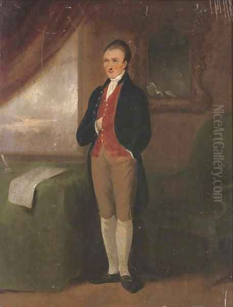 Portrait of gentleman, full-length, in breeches with a blue coat beside a green chair Oil Painting by English School