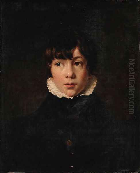 Portrait of a Boy, bust length, wearing a black jacket and a white collar Oil Painting by English School