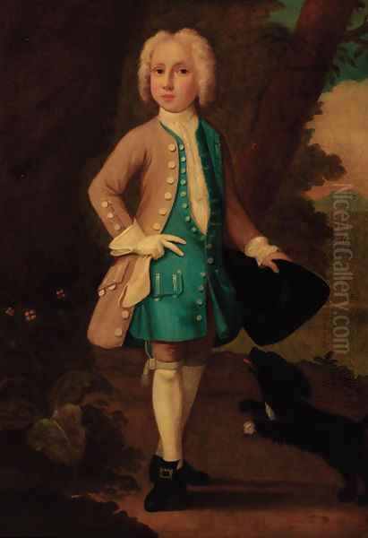 Portrait of a boy, full-length, in a blue waistcoat and brown coat Oil Painting by English School