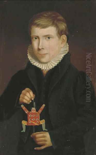 Portrait of a boy, three-quarter-length, holding a jumping-jack Oil Painting by English School