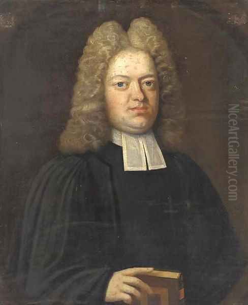 Portrait of a cleric, bust-length, in black robes, resting his right hand on a bible Oil Painting by English School