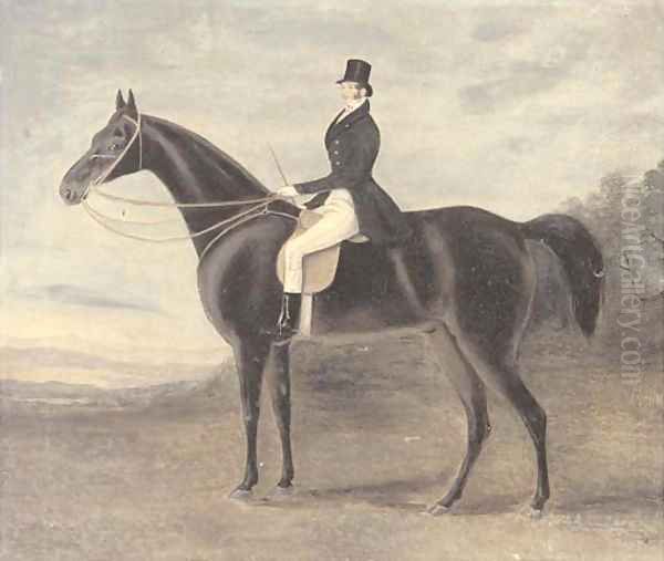 Portrait of a gentleman on a chestnut hunter, in an extensive landscape Oil Painting by English School