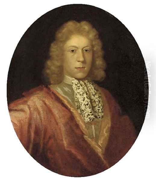 Portrait of a gentleman, bust-length, in a red cloak and lace cravat Oil Painting by English School