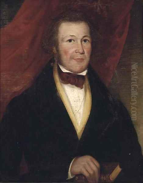 Portrait of a gentleman, half-length, in a black coat and yellow waistcoat, holding a book Oil Painting by English School