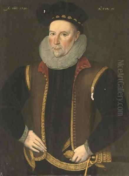 Portrait of a gentleman, half-length, in a brown waistcoat with gold trim Oil Painting by English School