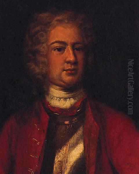 Portrait of a Gentleman, head and shoulders, wearing a breastplate with a red tunic Oil Painting by English School