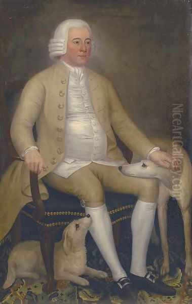 Portrait of a gentleman, seated full-length, in a green coat and white waistcoat, two dogs at his feet Oil Painting by English School