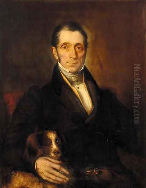 Portrait of a gentleman, seated half-length, in a brown jacket and cream cravat, his spaniel at his side Oil Painting by English School