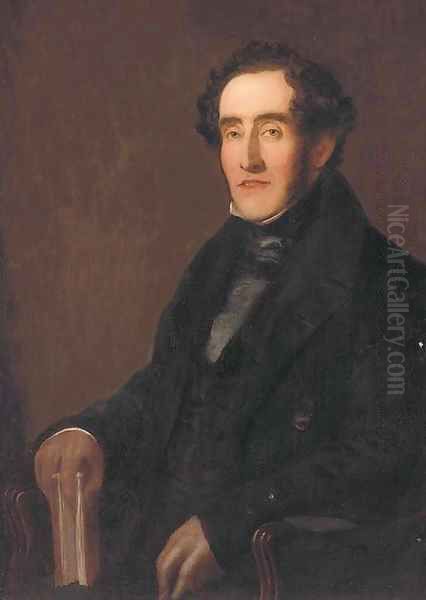 Portrait of a gentleman, seated three-quarter-length, in a black coat, holding a book in his right hand Oil Painting by English School