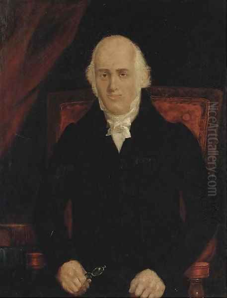 Portrait of a gentleman, seated three-quarter-length, in a black coat, holding a pair of spectacles, with a bible to the side Oil Painting by English School