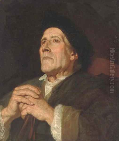 Portrait of a gentleman, seated, quarter-length, in a green robe and black cap Oil Painting by English School