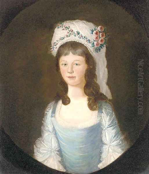 Portrait of a girl, half-length, in a blue dress with white headdress decorated with flowers Oil Painting by English School