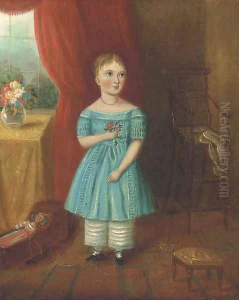 Portrait of a girl, small full-length, in a blue dress, holding a flower, in an interior Oil Painting by English School