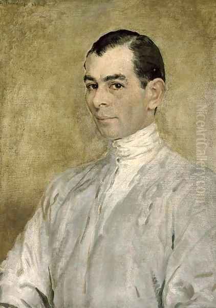 Portrait of a jockey, bust-length, in silks Oil Painting by English School