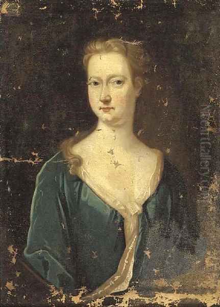 Portrait of a lady, bust-length, in a blue jacket Oil Painting by English School