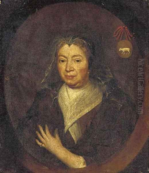 Portrait of a lady, bust-length, in a brown coat and white collar, feigned oval Oil Painting by English School