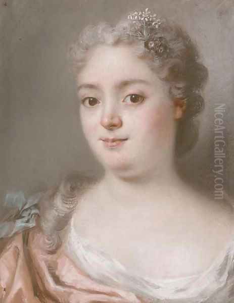 Portrait of a lady, bust-length, in a pink dress with a blue bow Oil Painting by English School